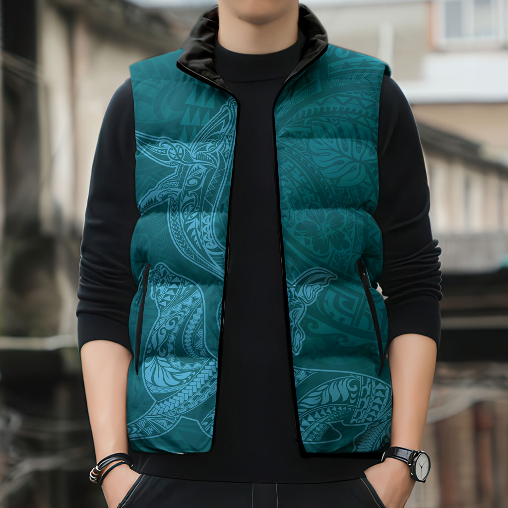 Hawaiian Monk Seal and Whale Sleeveless Puffer Jacket Kakau Tribal Pattern Teal Color