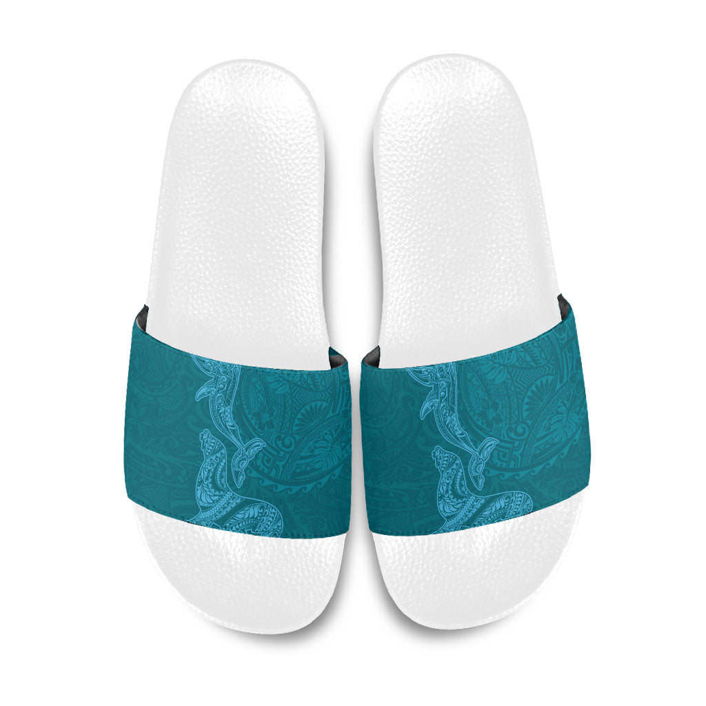 Hawaiian Monk Seal and Whale Slide Sandals Kakau Tribal Pattern Teal Color