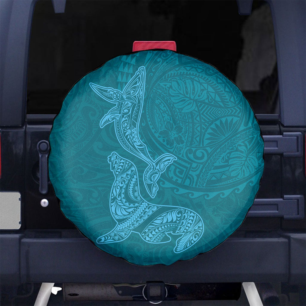 Hawaiian Monk Seal and Whale Spare Tire Cover Kakau Tribal Pattern Teal Color