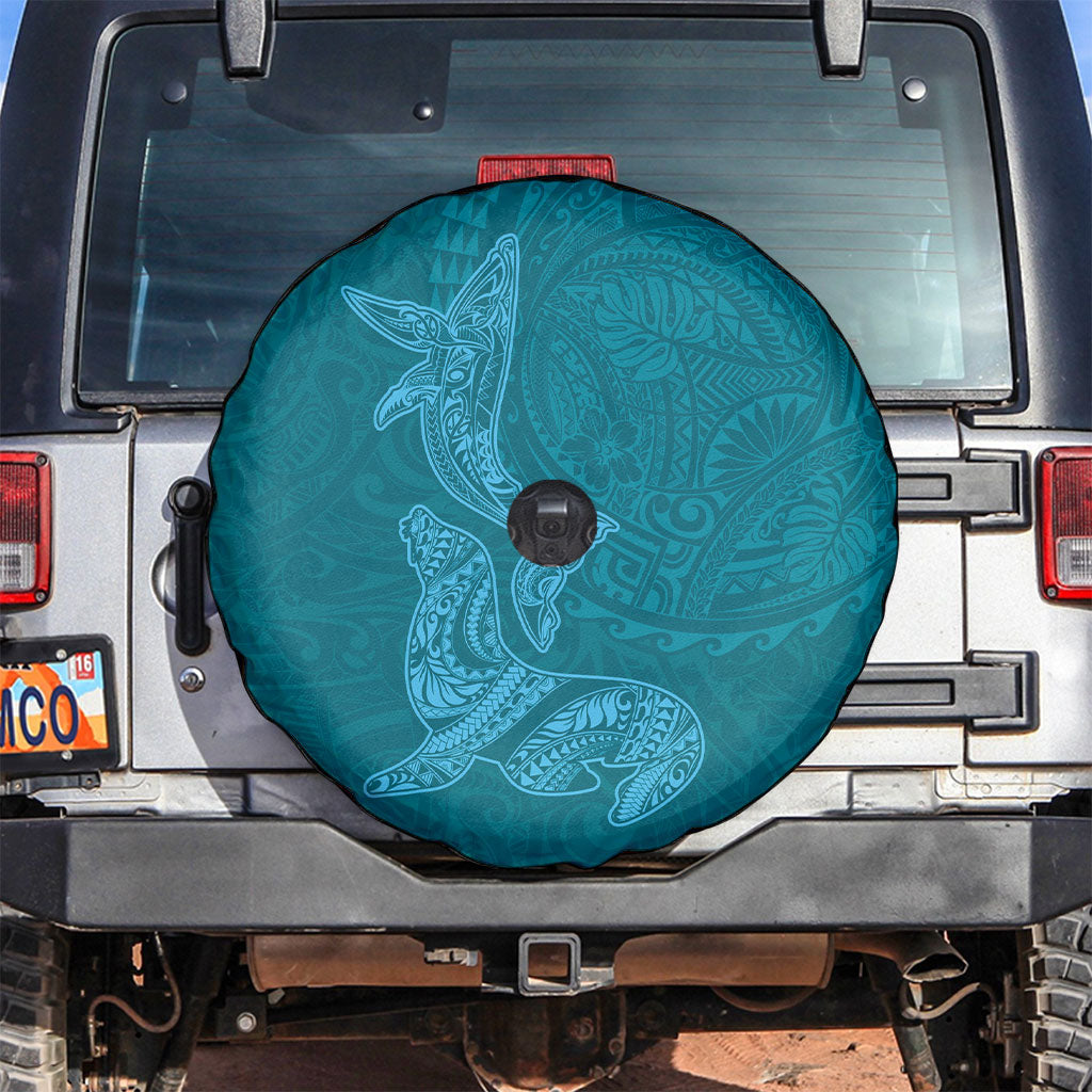Hawaiian Monk Seal and Whale Spare Tire Cover Kakau Tribal Pattern Teal Color