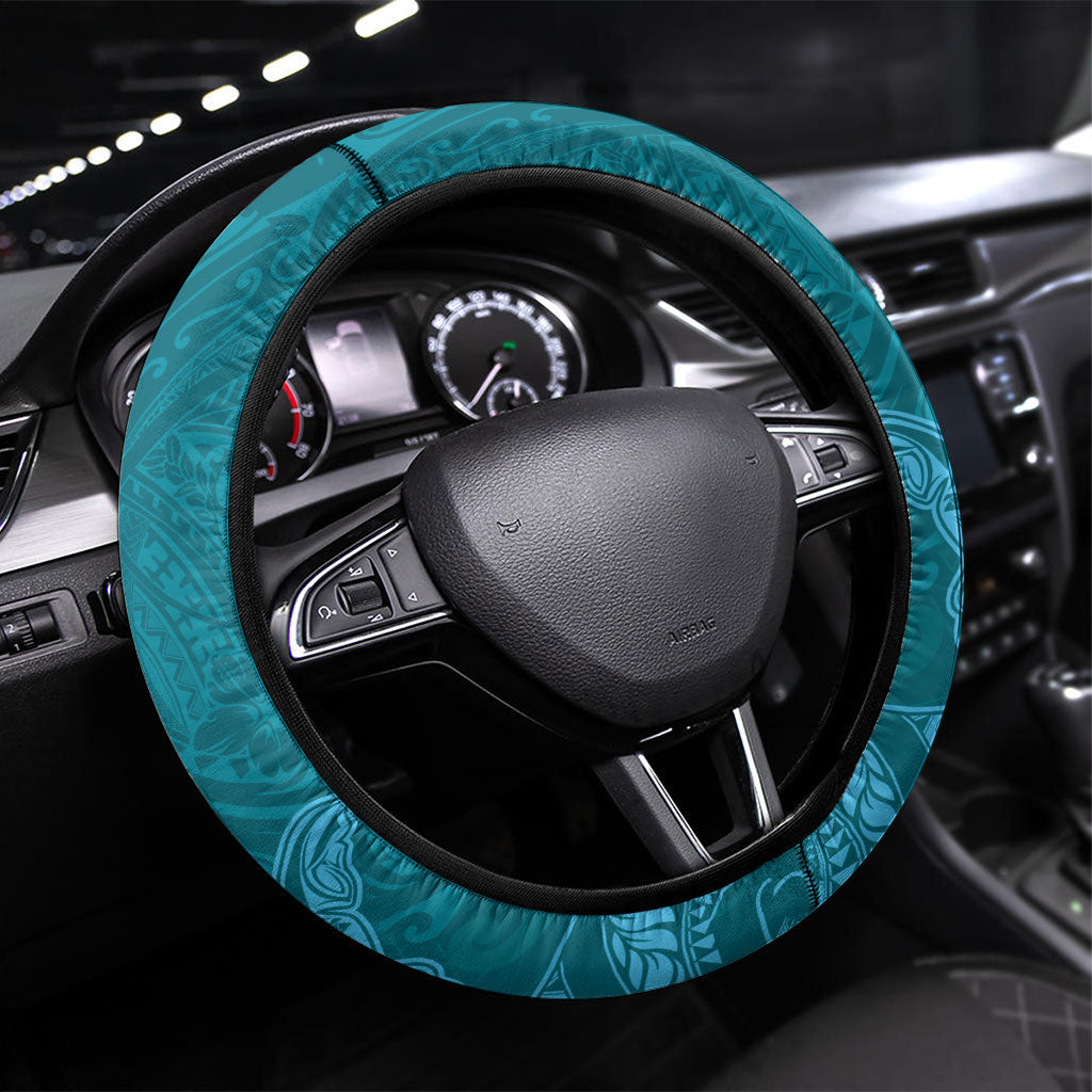 Hawaiian Monk Seal and Whale Steering Wheel Cover Kakau Tribal Pattern Teal Color LT03 Universal Fit Teal - Polynesian Pride