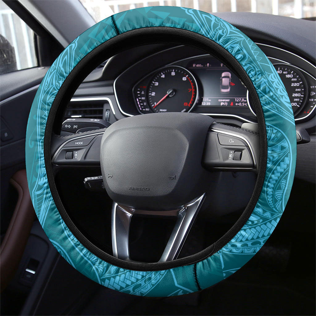 Hawaiian Monk Seal and Whale Steering Wheel Cover Kakau Tribal Pattern Teal Color LT03 - Polynesian Pride