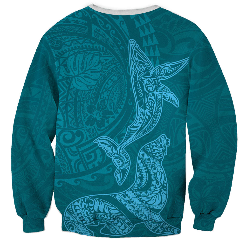 Hawaiian Monk Seal and Whale Sweatshirt Kakau Tribal Pattern Teal Color
