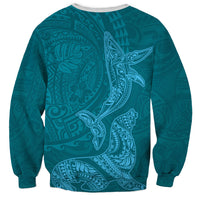 Hawaiian Monk Seal and Whale Sweatshirt Kakau Tribal Pattern Teal Color