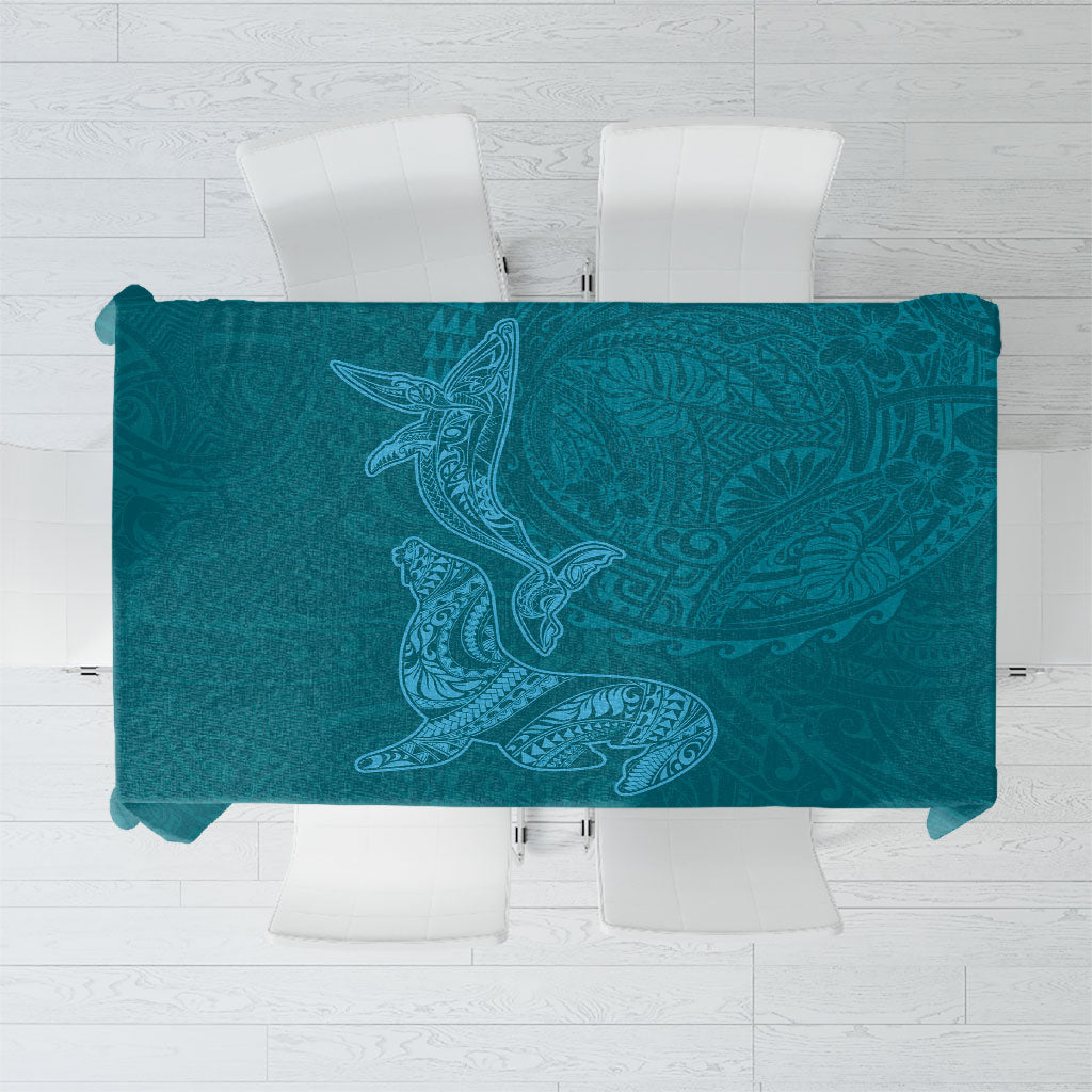 Hawaiian Monk Seal and Whale Tablecloth Kakau Tribal Pattern Teal Color
