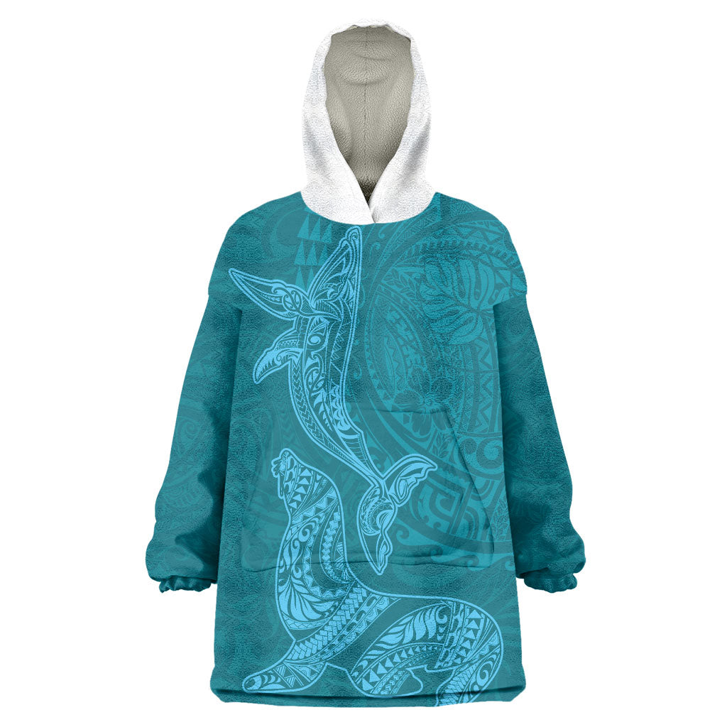 Hawaiian Monk Seal and Whale Wearable Blanket Hoodie Kakau Tribal Pattern Teal Color