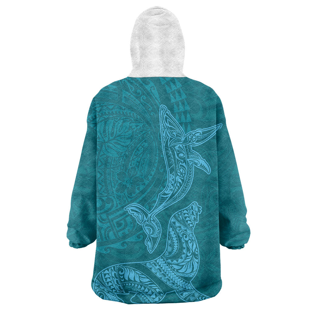 Hawaiian Monk Seal and Whale Wearable Blanket Hoodie Kakau Tribal Pattern Teal Color