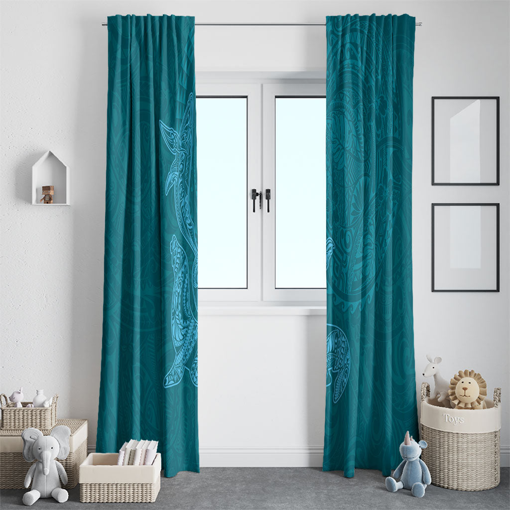 Hawaiian Monk Seal and Whale Window Curtain Kakau Tribal Pattern Teal Color