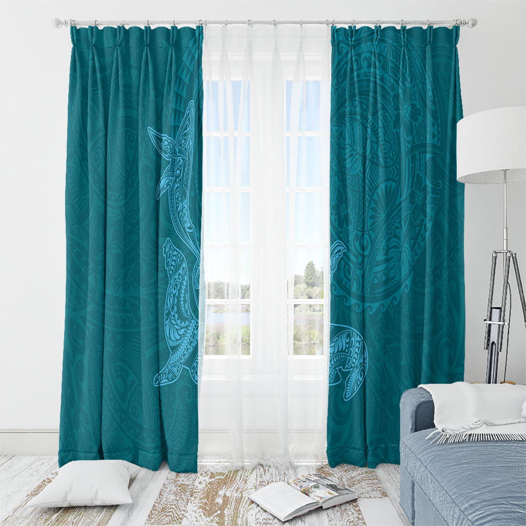 Hawaiian Monk Seal and Whale Window Curtain Kakau Tribal Pattern Teal Color