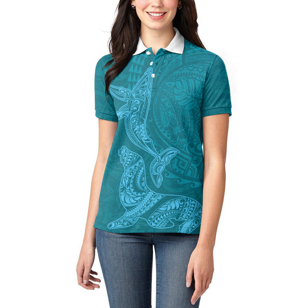 Hawaiian Monk Seal and Whale Women Polo Shirt Kakau Tribal Pattern Teal Color LT03 - Polynesian Pride