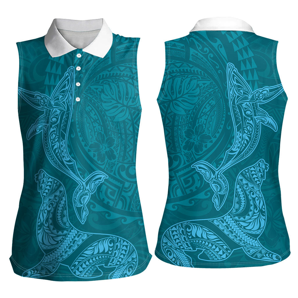 Hawaiian Monk Seal and Whale Women Sleeveless Polo Shirt Kakau Tribal Pattern Teal Color LT03 - Polynesian Pride