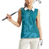 Hawaiian Monk Seal and Whale Women Sleeveless Polo Shirt Kakau Tribal Pattern Teal Color LT03 - Polynesian Pride