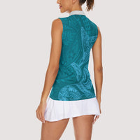 Hawaiian Monk Seal and Whale Women Sleeveless Polo Shirt Kakau Tribal Pattern Teal Color LT03 - Polynesian Pride