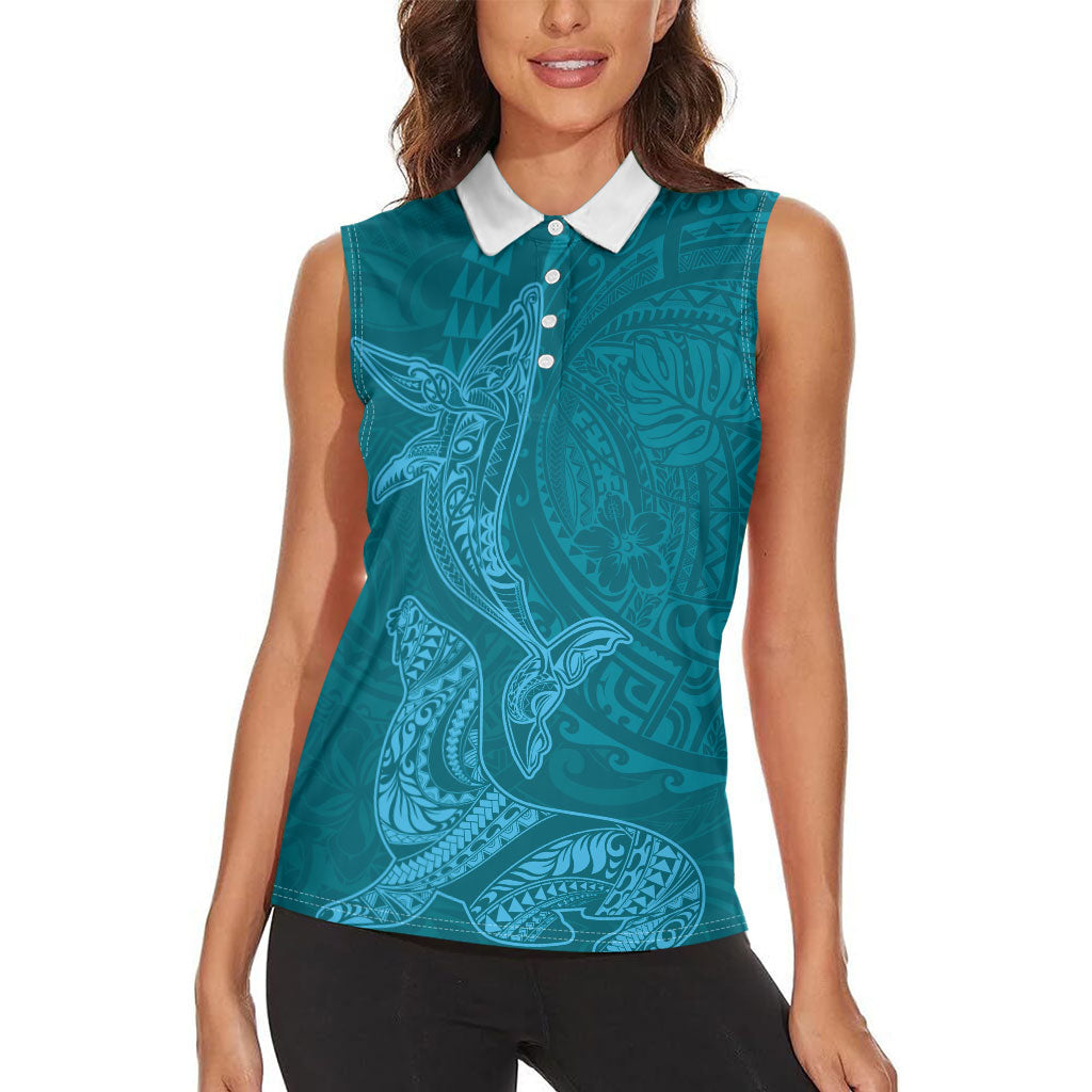 Hawaiian Monk Seal and Whale Women Sleeveless Polo Shirt Kakau Tribal Pattern Teal Color LT03 - Polynesian Pride