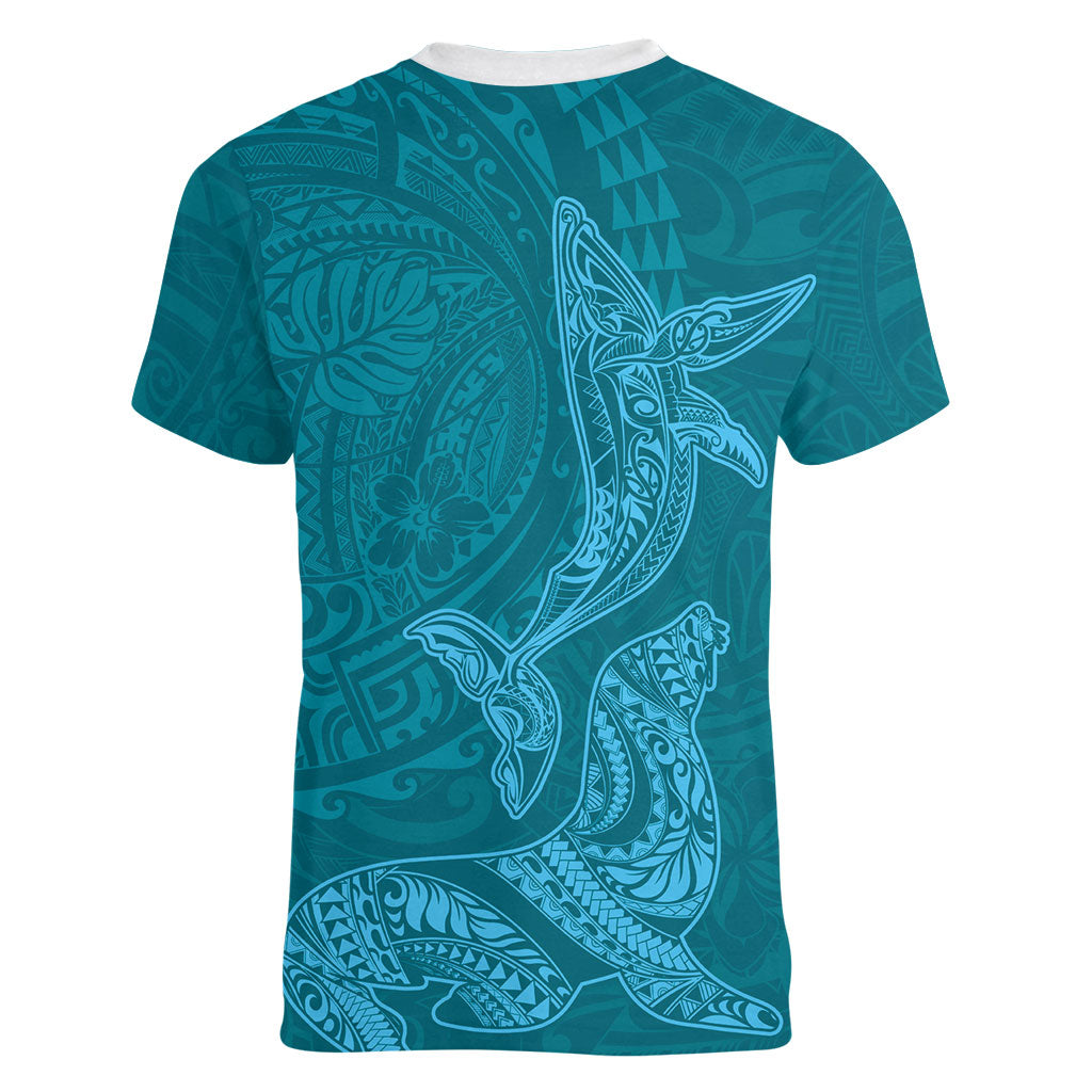 Hawaiian Monk Seal and Whale Women V-Neck T-Shirt Kakau Tribal Pattern Teal Color LT03 - Polynesian Pride