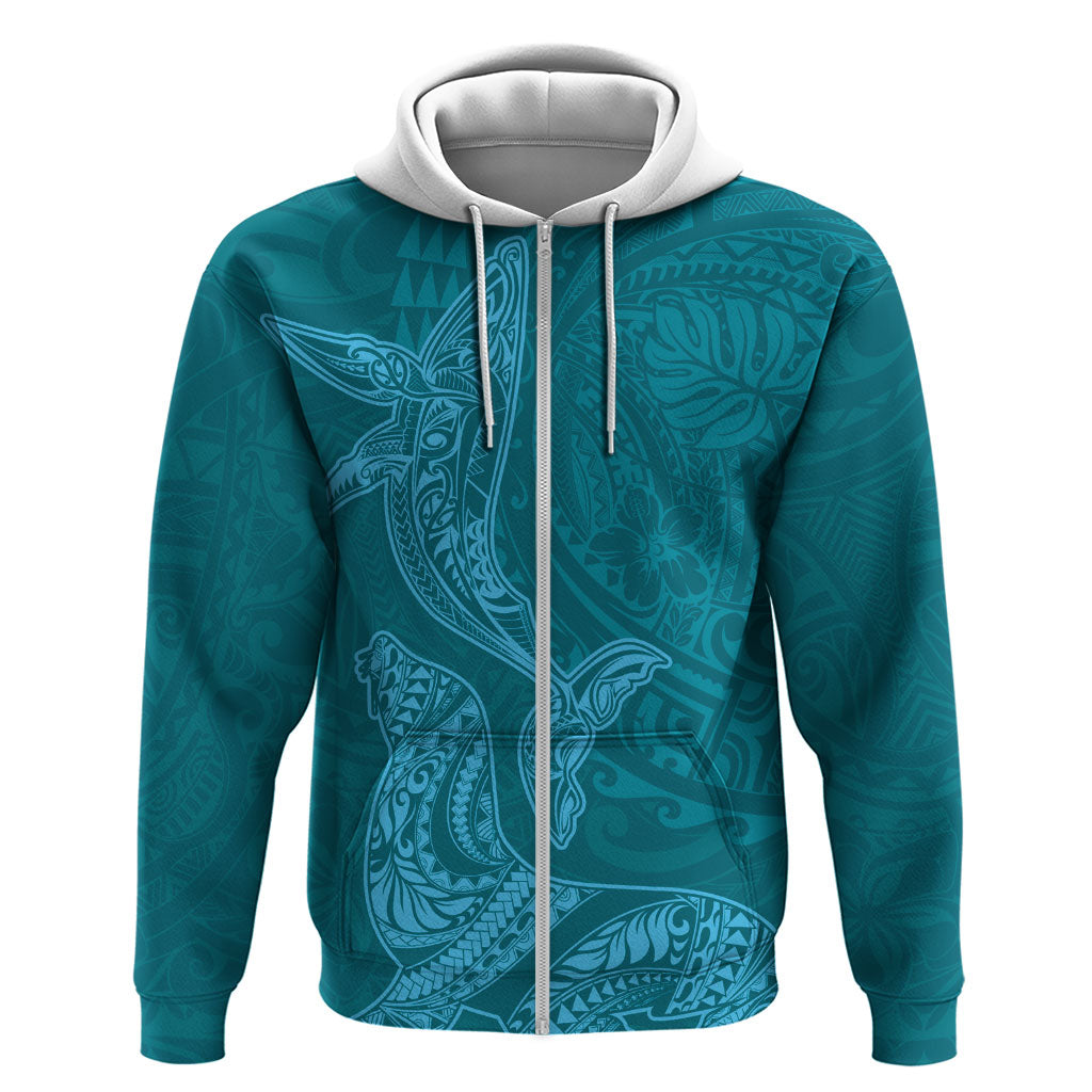 Hawaiian Monk Seal and Whale Zip Hoodie Kakau Tribal Pattern Teal Color