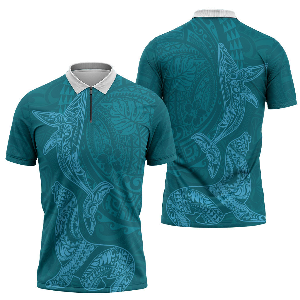 Hawaiian Monk Seal and Whale Zipper Polo Shirt Kakau Tribal Pattern Teal Color