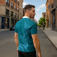 Hawaiian Monk Seal and Whale Zipper Polo Shirt Kakau Tribal Pattern Teal Color