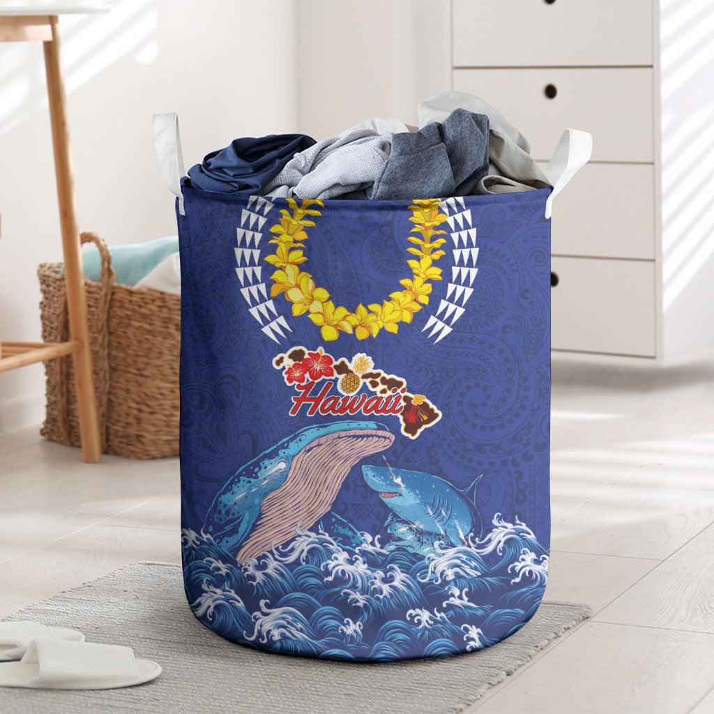 Hawaiian Sea Animals Laundry Basket Whales Shark and Turtle Guardians with Tribal Pattern LT03 Blue - Polynesian Pride