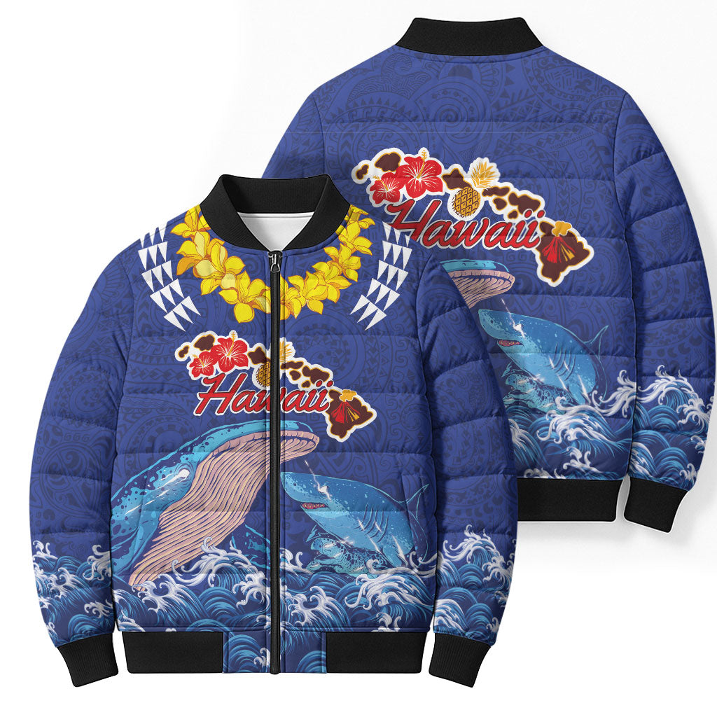 Hawaiian Sea Animals Bomber Puffer Jacket Whales Shark and Turtle Guardians with Tribal Pattern