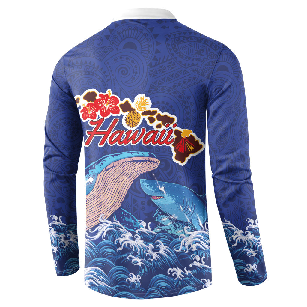 Hawaiian Sea Animals Button Sweatshirt Whales Shark and Turtle Guardians with Tribal Pattern