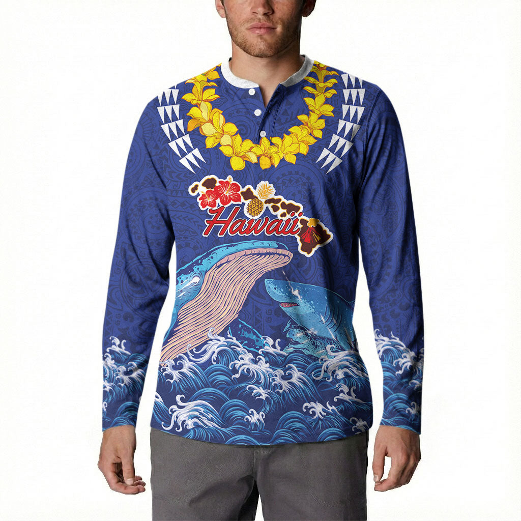 Hawaiian Sea Animals Button Sweatshirt Whales Shark and Turtle Guardians with Tribal Pattern