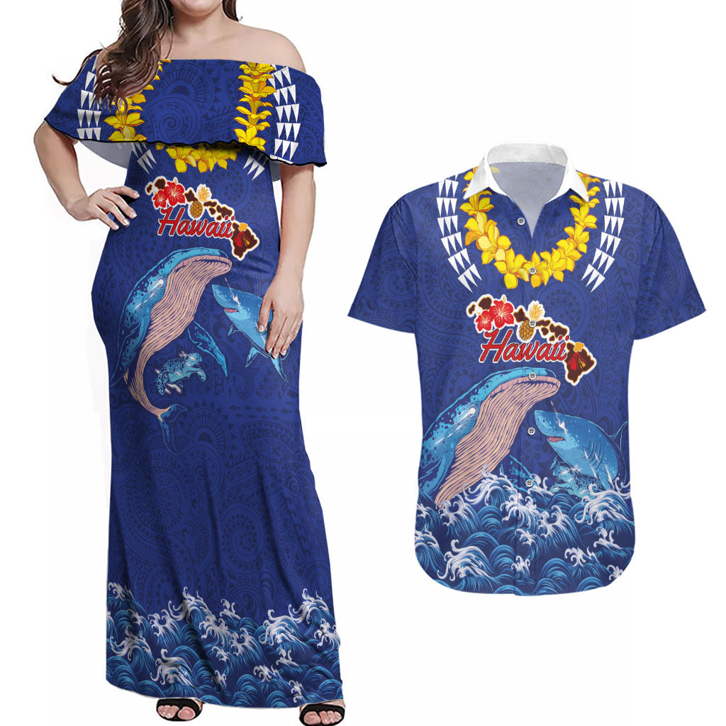Hawaiian Sea Animals Couples Matching Off Shoulder Maxi Dress and Hawaiian Shirt Whales Shark and Turtle Guardians with Tribal Pattern LT03 Blue - Polynesian Pride