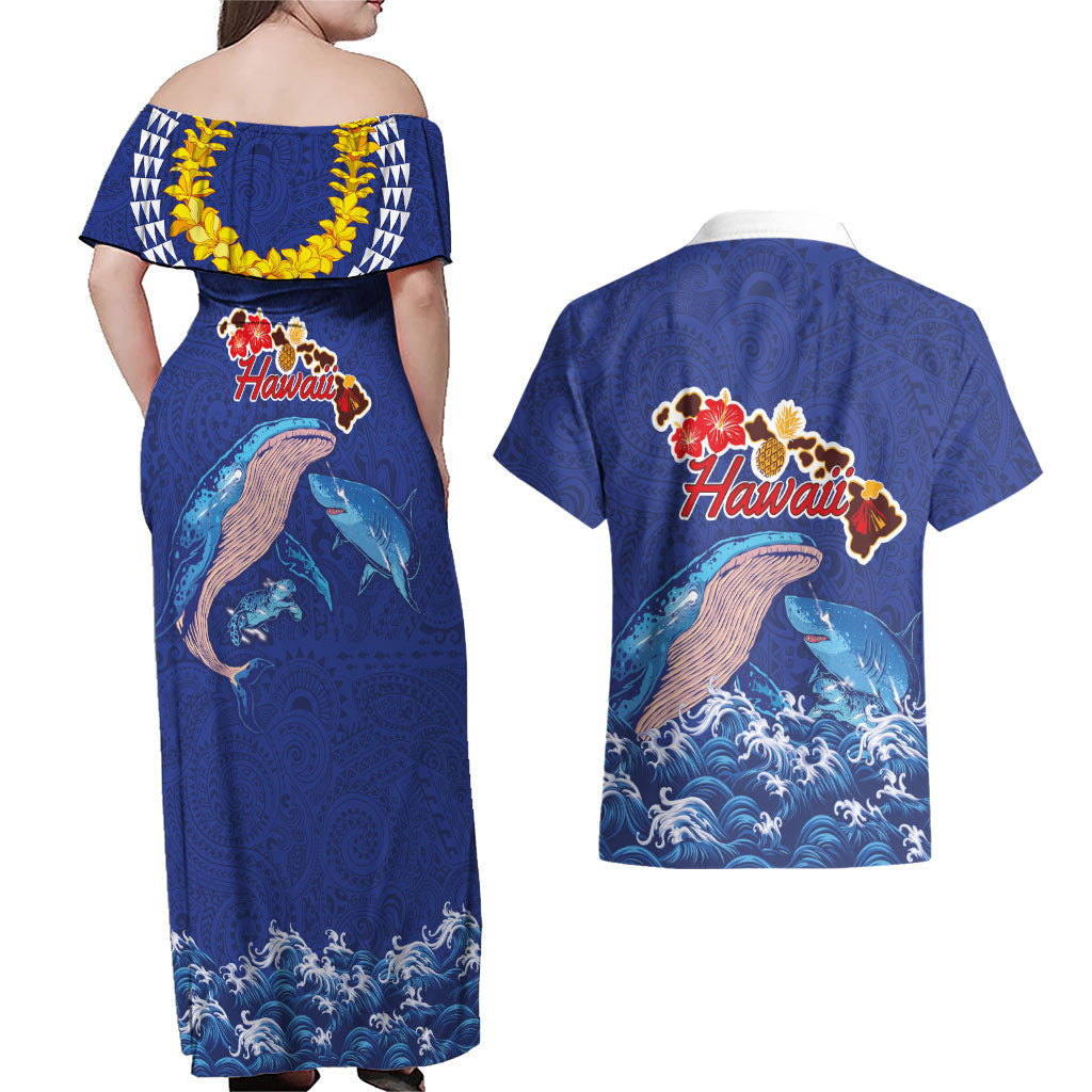 Hawaiian Sea Animals Couples Matching Off Shoulder Maxi Dress and Hawaiian Shirt Whales Shark and Turtle Guardians with Tribal Pattern LT03 - Polynesian Pride