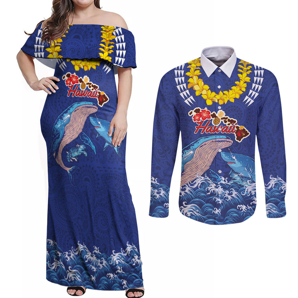 Hawaiian Sea Animals Couples Matching Off Shoulder Maxi Dress and Long Sleeve Button Shirt Whales Shark and Turtle Guardians with Tribal Pattern LT03 Blue - Polynesian Pride