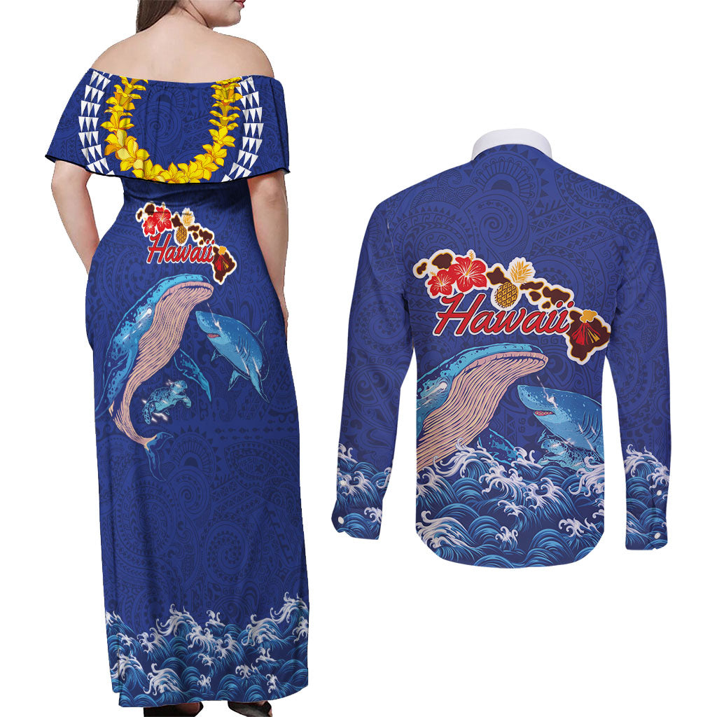 Hawaiian Sea Animals Couples Matching Off Shoulder Maxi Dress and Long Sleeve Button Shirt Whales Shark and Turtle Guardians with Tribal Pattern LT03 - Polynesian Pride