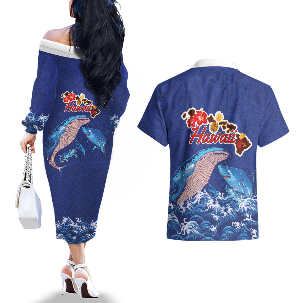 Hawaiian Sea Animals Couples Matching Off The Shoulder Long Sleeve Dress and Hawaiian Shirt Whales Shark and Turtle Guardians with Tribal Pattern LT03 - Polynesian Pride