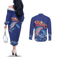 Hawaiian Sea Animals Couples Matching Off The Shoulder Long Sleeve Dress and Long Sleeve Button Shirt Whales Shark and Turtle Guardians with Tribal Pattern LT03 - Polynesian Pride