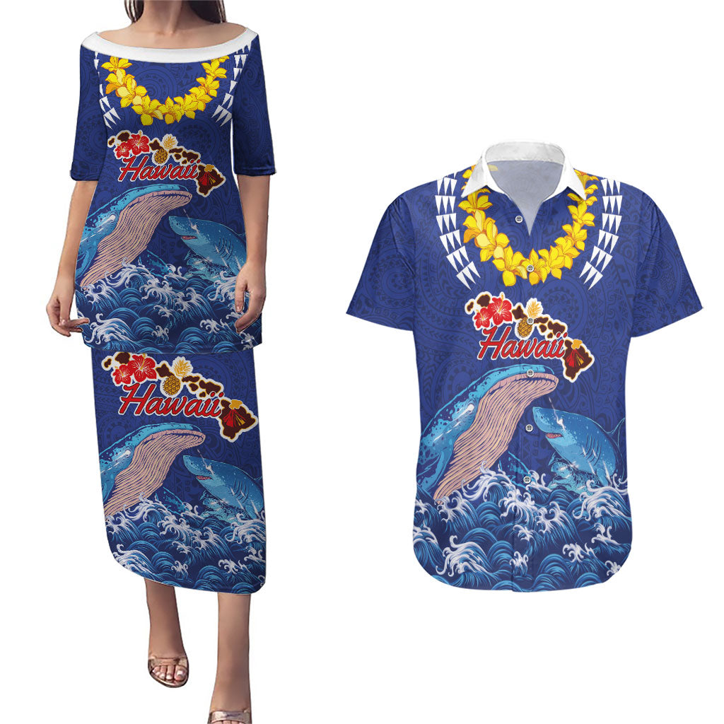 Hawaiian Sea Animals Couples Matching Puletasi and Hawaiian Shirt Whales Shark and Turtle Guardians with Tribal Pattern LT03 Blue - Polynesian Pride