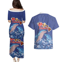 Hawaiian Sea Animals Couples Matching Puletasi and Hawaiian Shirt Whales Shark and Turtle Guardians with Tribal Pattern LT03 - Polynesian Pride