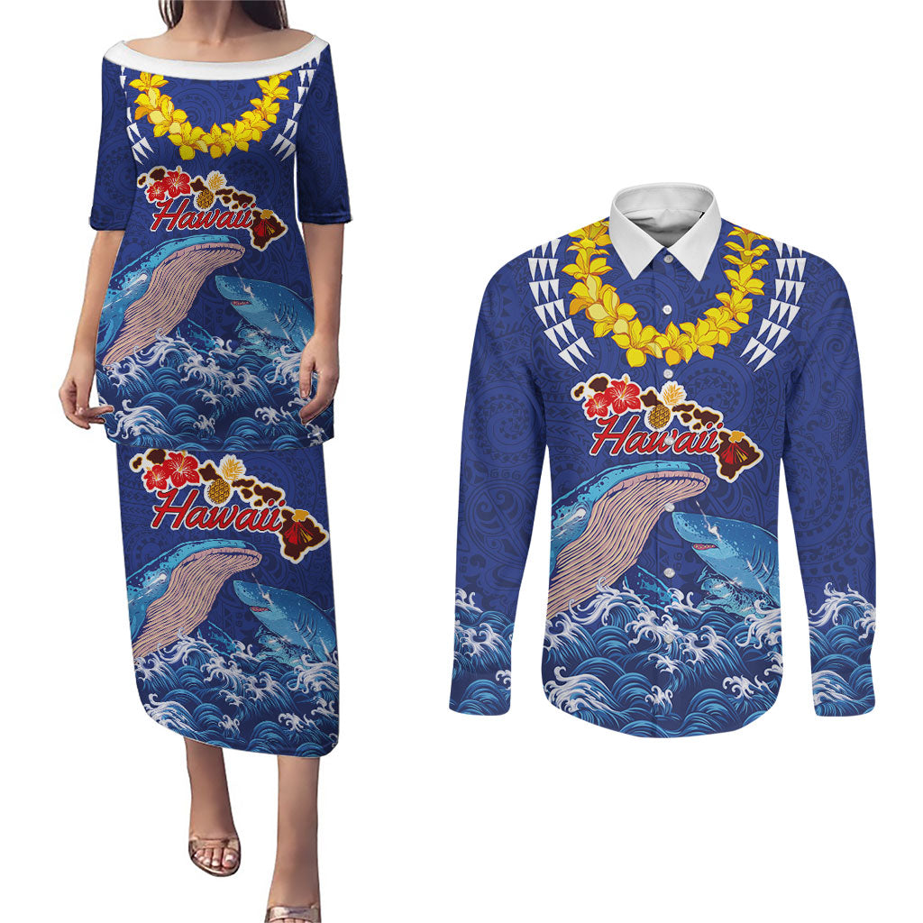 Hawaiian Sea Animals Couples Matching Puletasi and Long Sleeve Button Shirt Whales Shark and Turtle Guardians with Tribal Pattern LT03 Blue - Polynesian Pride
