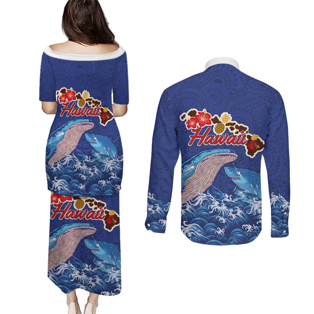 Hawaiian Sea Animals Couples Matching Puletasi and Long Sleeve Button Shirt Whales Shark and Turtle Guardians with Tribal Pattern LT03 - Polynesian Pride