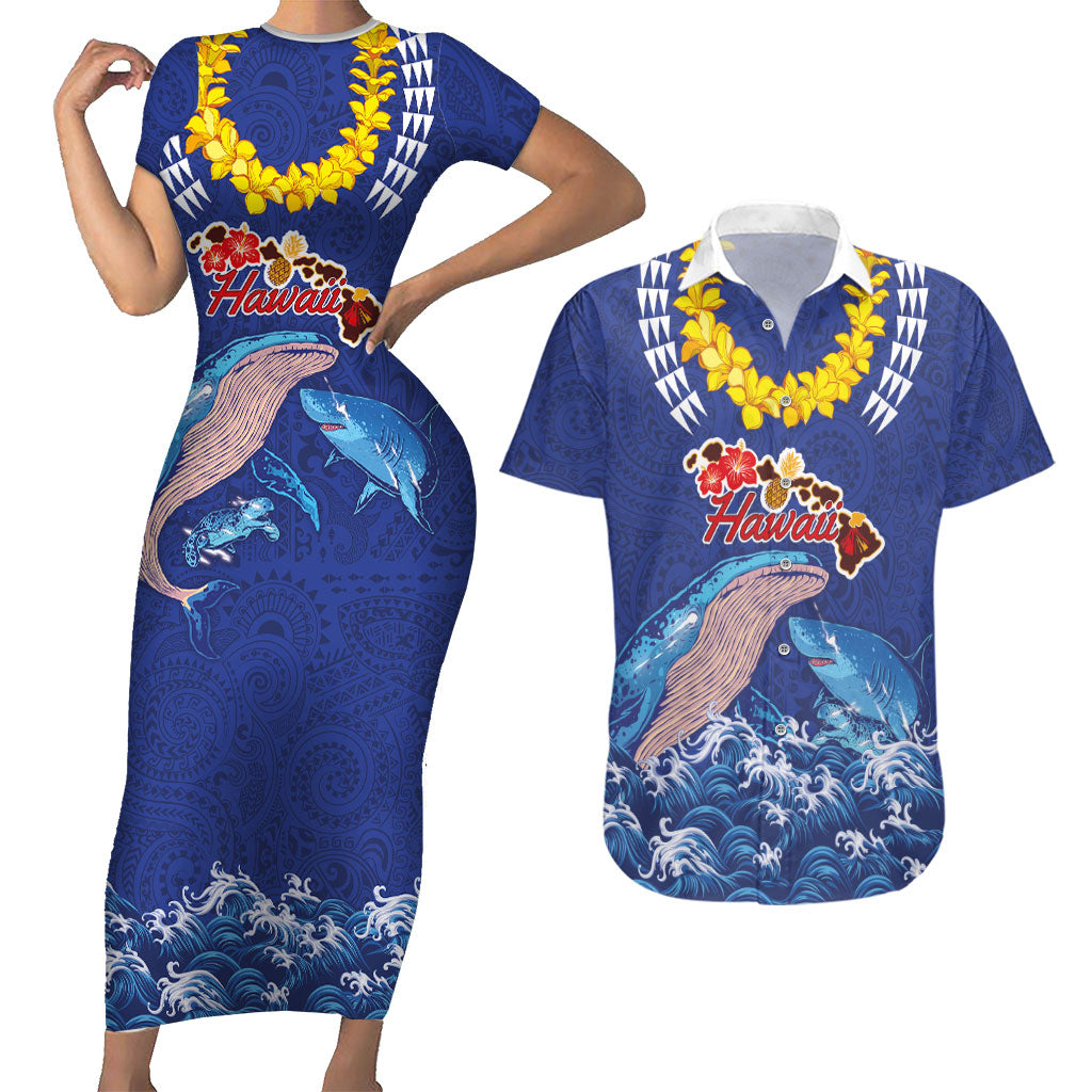 Hawaiian Sea Animals Couples Matching Short Sleeve Bodycon Dress and Hawaiian Shirt Whales Shark and Turtle Guardians with Tribal Pattern LT03 Blue - Polynesian Pride