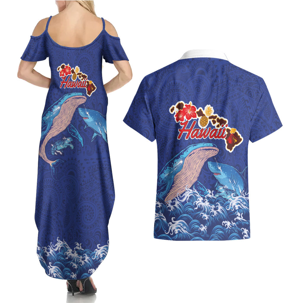 Hawaiian Sea Animals Couples Matching Summer Maxi Dress and Hawaiian Shirt Whales Shark and Turtle Guardians with Tribal Pattern LT03 - Polynesian Pride