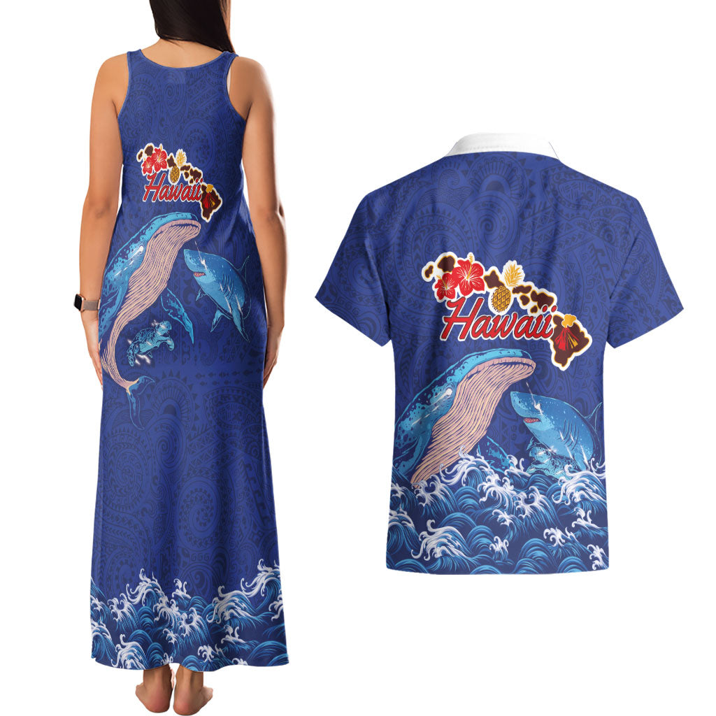 Hawaiian Sea Animals Couples Matching Tank Maxi Dress and Hawaiian Shirt Whales Shark and Turtle Guardians with Tribal Pattern LT03 - Polynesian Pride