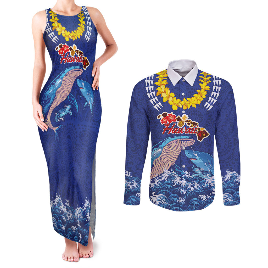 Hawaiian Sea Animals Couples Matching Tank Maxi Dress and Long Sleeve Button Shirt Whales Shark and Turtle Guardians with Tribal Pattern LT03 Blue - Polynesian Pride