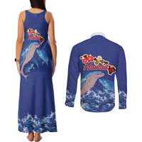 Hawaiian Sea Animals Couples Matching Tank Maxi Dress and Long Sleeve Button Shirt Whales Shark and Turtle Guardians with Tribal Pattern LT03 - Polynesian Pride