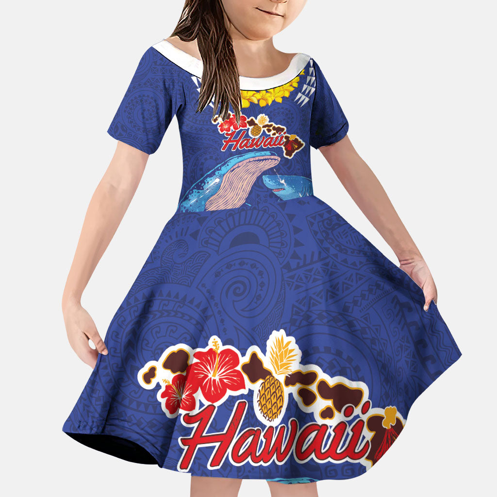 Hawaiian Sea Animals Family Matching Long Sleeve Bodycon Dress and Hawaiian Shirt Whales Shark and Turtle Guardians with Tribal Pattern LT03 Daughter's Dress Blue - Polynesian Pride
