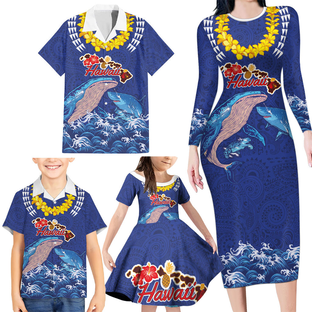 Hawaiian Sea Animals Family Matching Long Sleeve Bodycon Dress and Hawaiian Shirt Whales Shark and Turtle Guardians with Tribal Pattern LT03 - Polynesian Pride