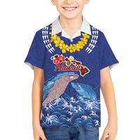 Hawaiian Sea Animals Family Matching Long Sleeve Bodycon Dress and Hawaiian Shirt Whales Shark and Turtle Guardians with Tribal Pattern LT03 Son's Shirt Blue - Polynesian Pride