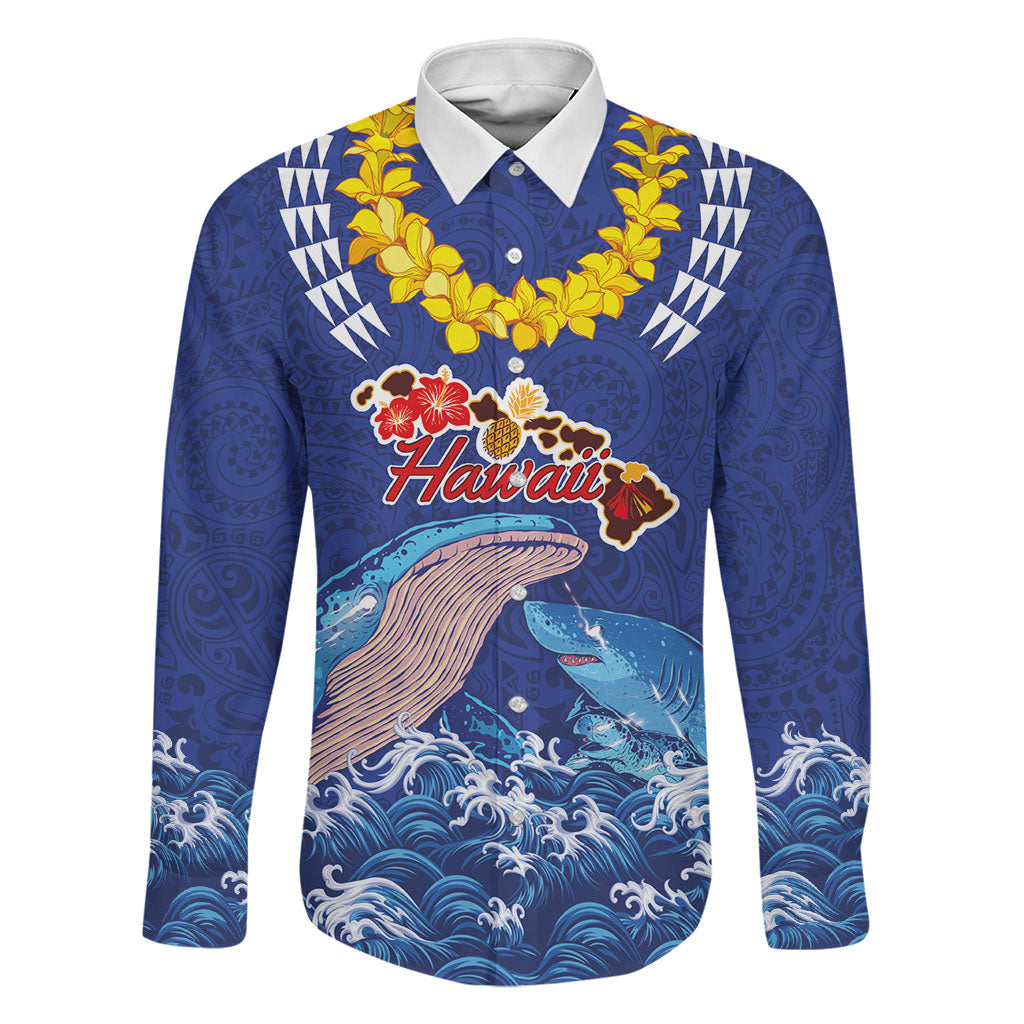 Hawaiian Sea Animals Family Matching Off Shoulder Maxi Dress and Hawaiian Shirt Whales Shark and Turtle Guardians with Tribal Pattern LT03 Dad's Shirt - Long Sleeve Blue - Polynesian Pride