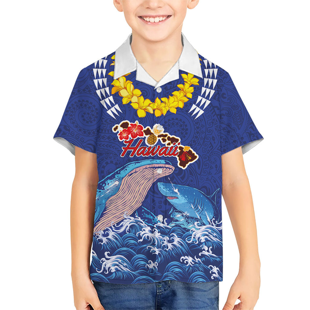 Hawaiian Sea Animals Family Matching Off Shoulder Maxi Dress and Hawaiian Shirt Whales Shark and Turtle Guardians with Tribal Pattern LT03 Son's Shirt Blue - Polynesian Pride
