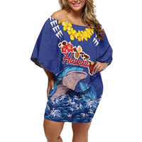 Hawaiian Sea Animals Family Matching Off Shoulder Short Dress and Hawaiian Shirt Whales Shark and Turtle Guardians with Tribal Pattern LT03 Mom's Dress Blue - Polynesian Pride