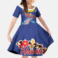 Hawaiian Sea Animals Family Matching Puletasi and Hawaiian Shirt Whales Shark and Turtle Guardians with Tribal Pattern LT03 Daughter's Dress Blue - Polynesian Pride