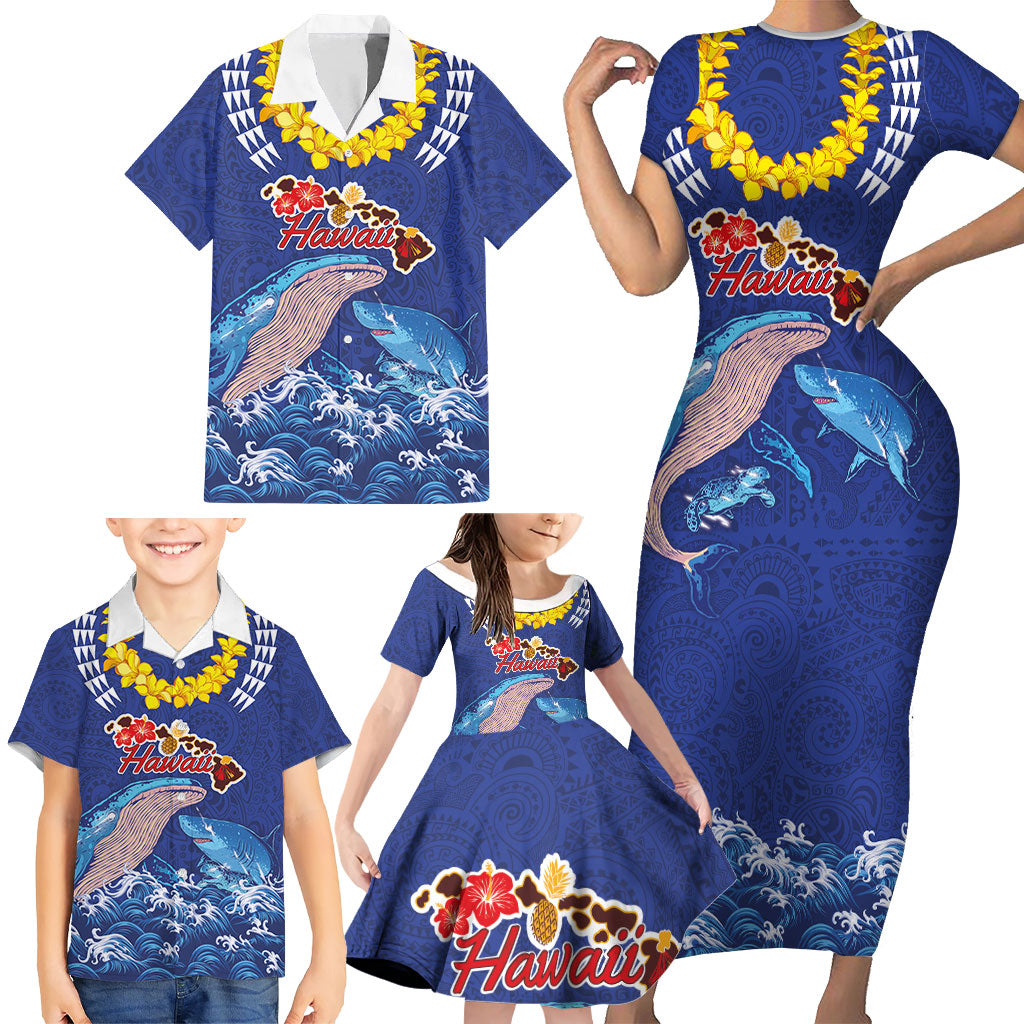 Hawaiian Sea Animals Family Matching Short Sleeve Bodycon Dress and Hawaiian Shirt Whales Shark and Turtle Guardians with Tribal Pattern LT03 - Polynesian Pride