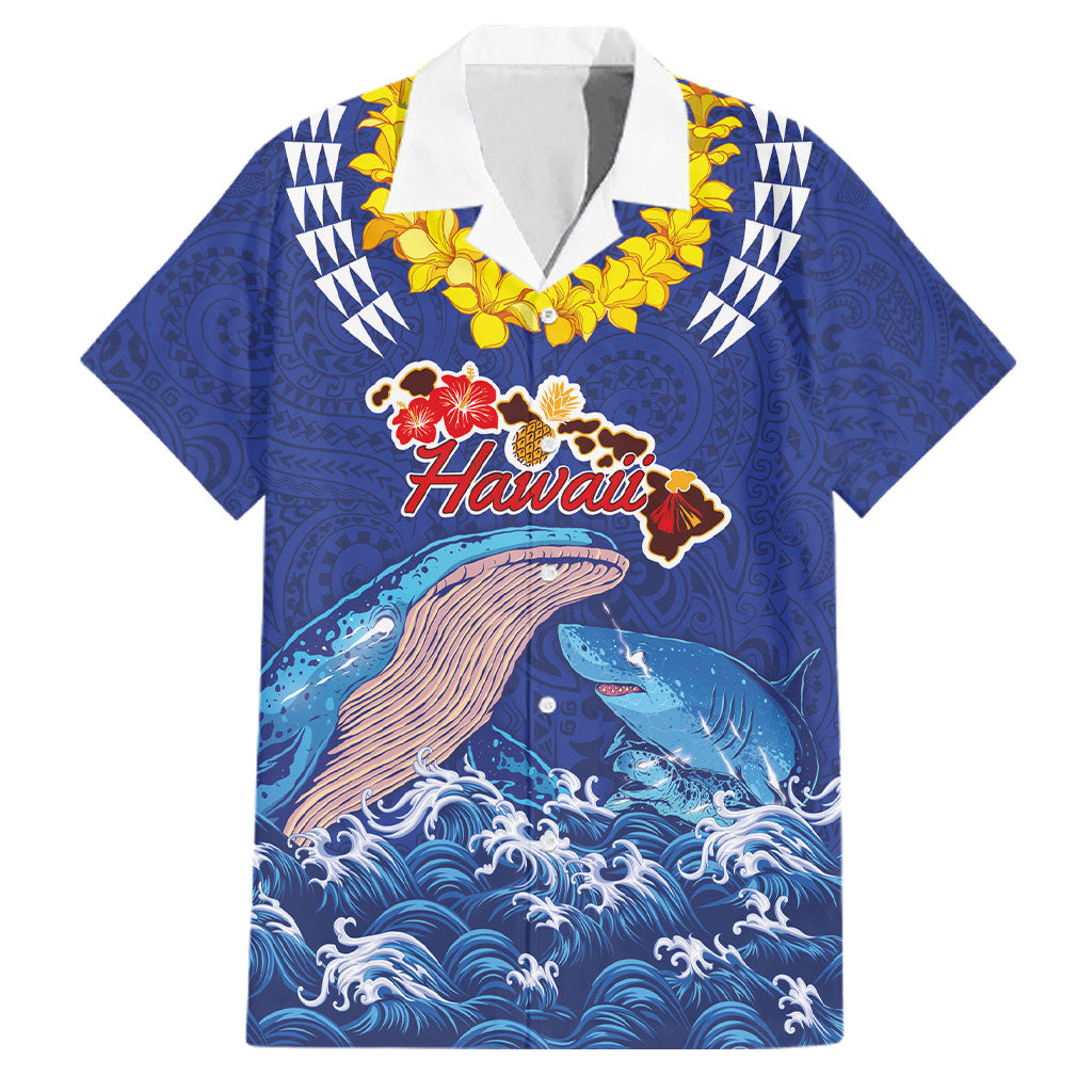 Hawaiian Sea Animals Family Matching Summer Maxi Dress and Hawaiian Shirt Whales Shark and Turtle Guardians with Tribal Pattern LT03 Dad's Shirt - Short Sleeve Blue - Polynesian Pride